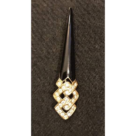 Gold Tone Clear Rhinestone Diamanté And Black Enamel Brooch Pin - Picture 1 of 6